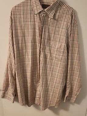 Tasso Elba Beige Plaid Button-Down Shirt with Red and Blue Lines
